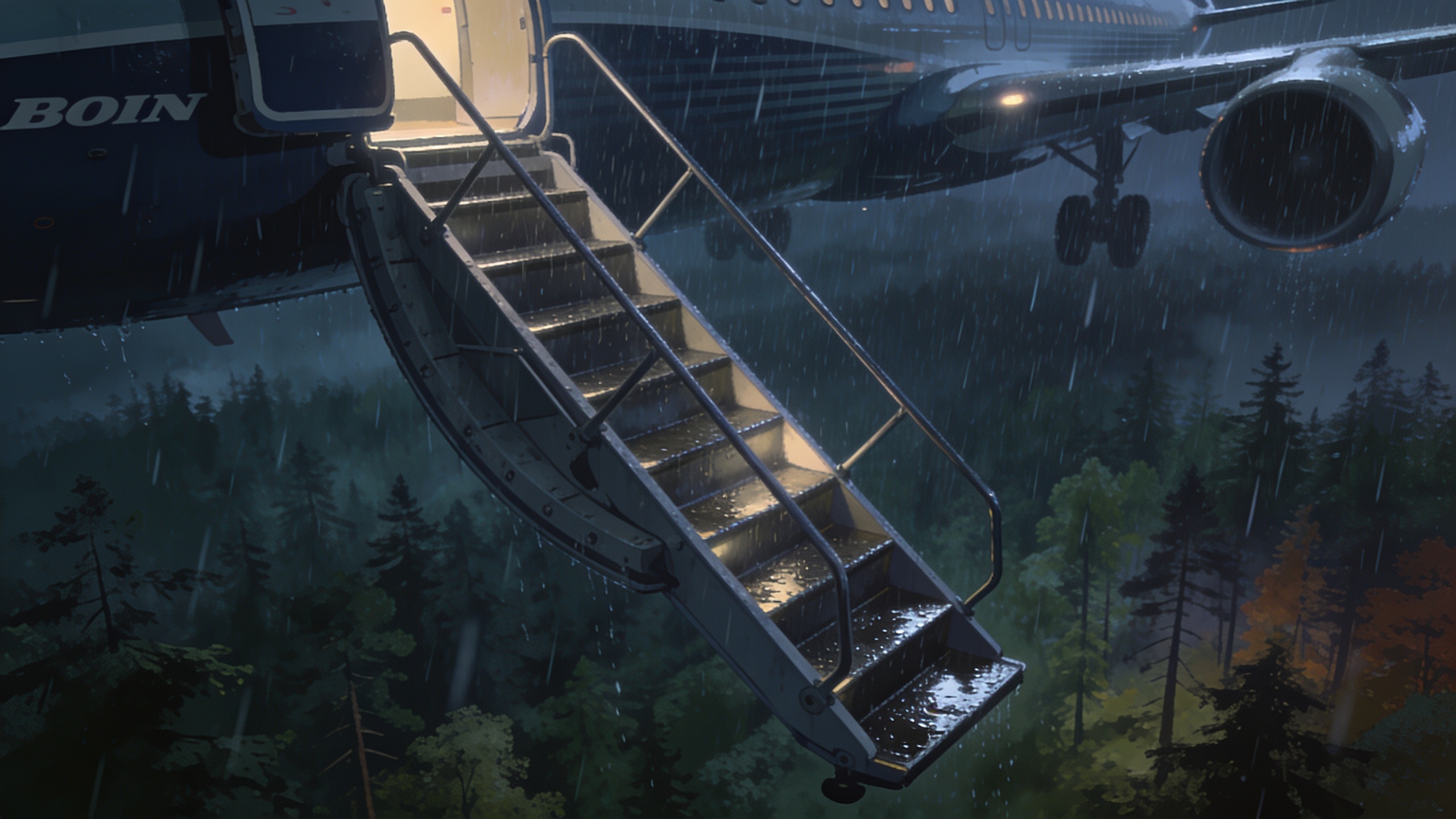 Illustration of the lowered aft airstairs of a Boeing 727 at night above forest
