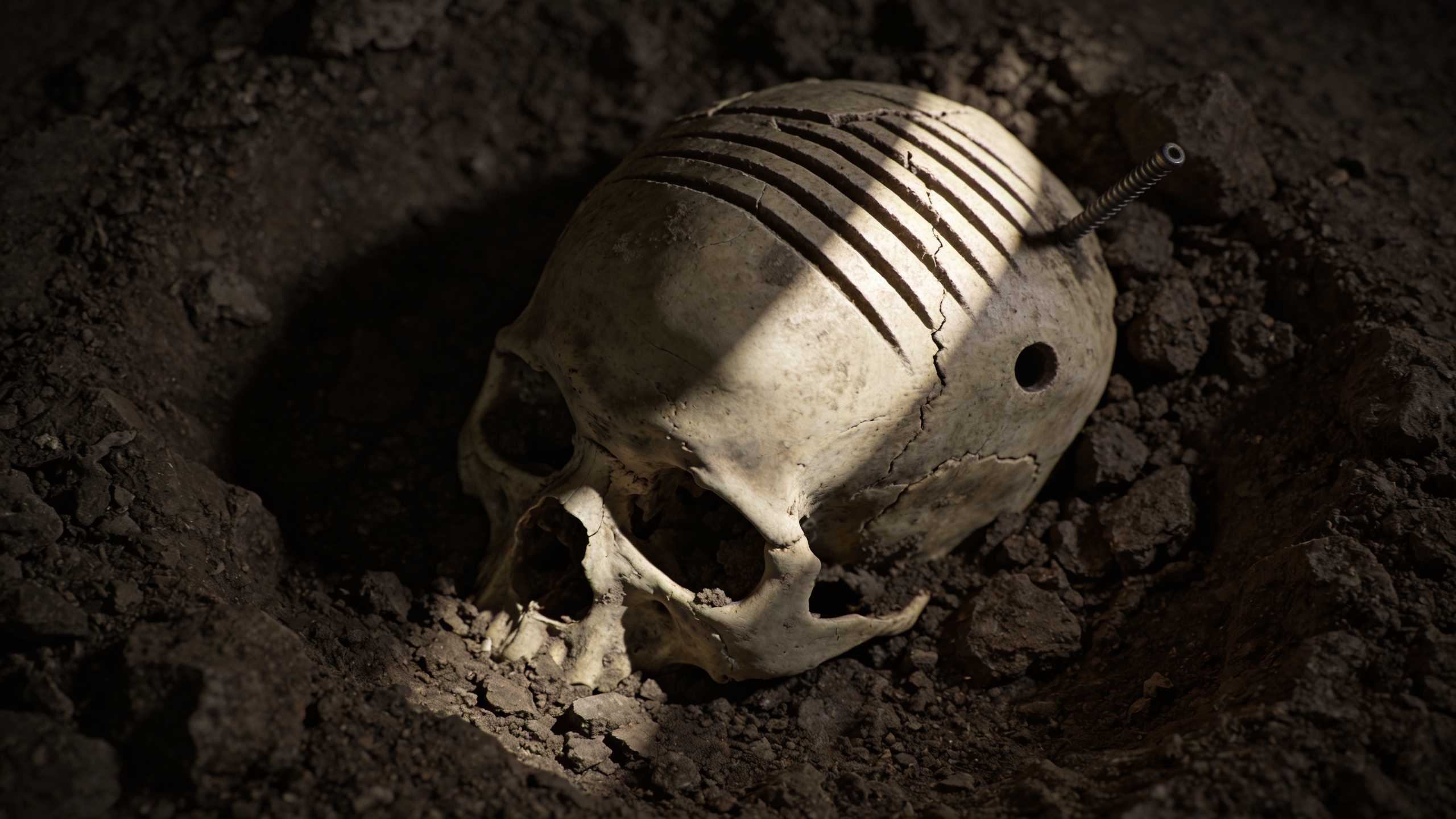 Illustration of a fragmented human skull with deep incisions lying in excavated soil