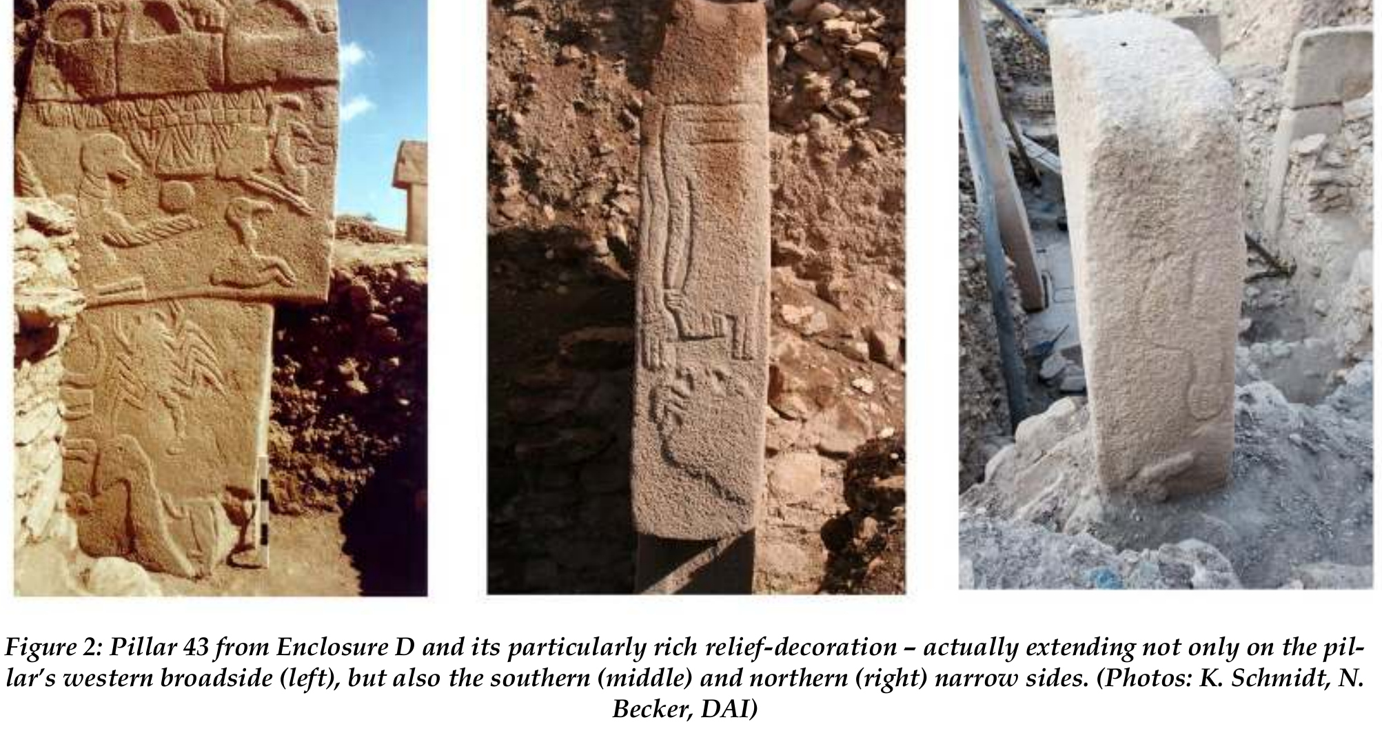 All three carved faces of Pillar 43 at Göbekli Tepe shown side by side