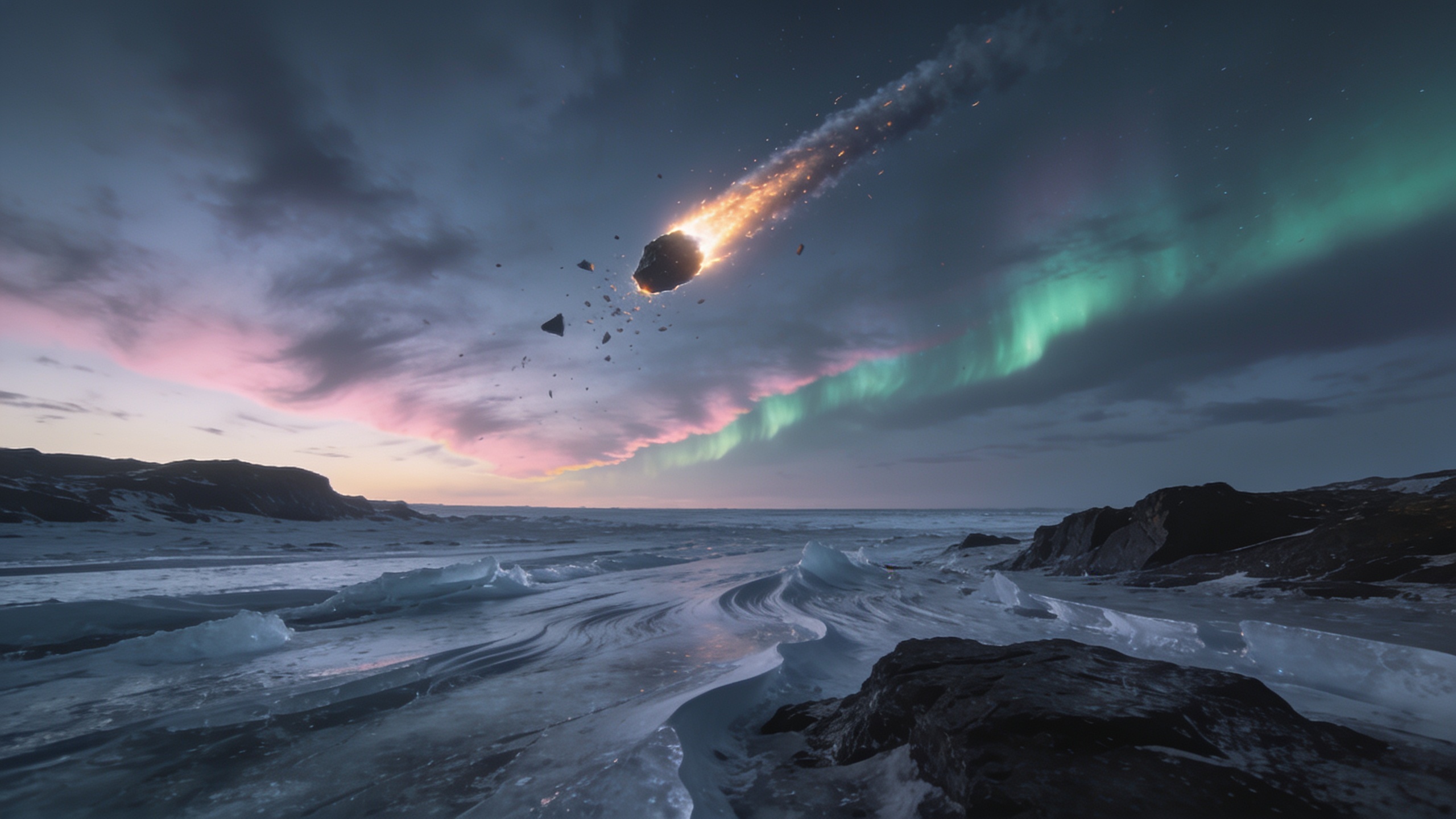 Illustration of a comet fragmenting in the sky above a cold landscape